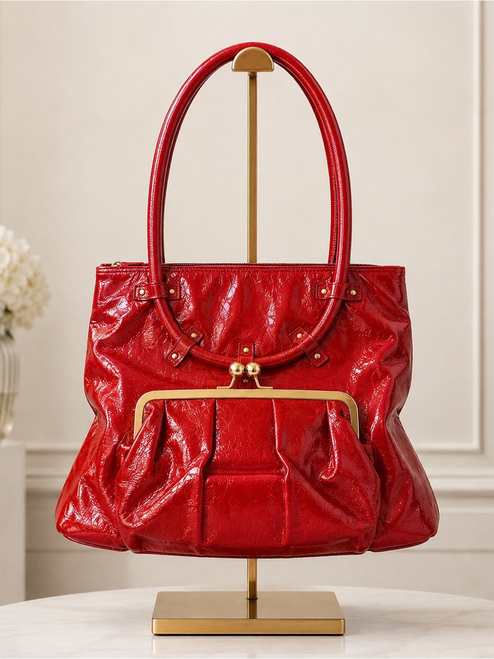 Red Patent Frame-Accent Tote Bag with Double Handles